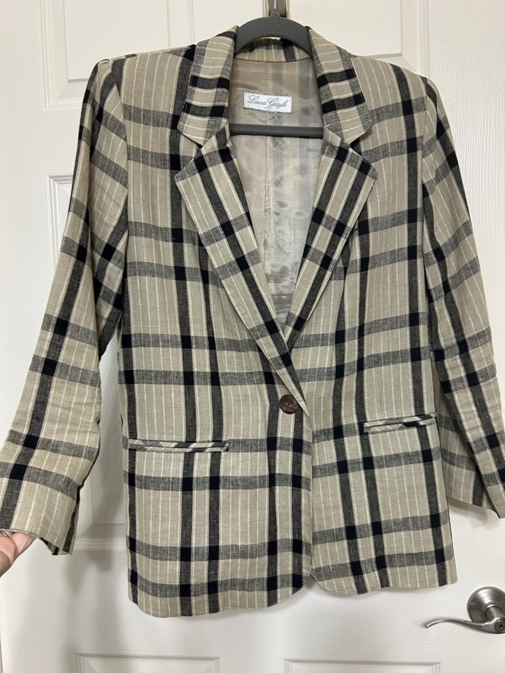 Laura Gayle Linen Black and Tan Plaid Single-Button Blazer Lightweight Summer